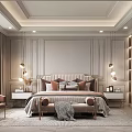 Elegant Modern Bedroom Interior With Upholstered Headboard Throw Pillows Nightstands Table Lamps And Accent Chair