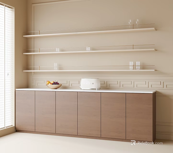 Sideboard With Brown Cabinet Doors Marble Countertop Bowl Of Fruits White Appliance And Wall Shelves 3d model 