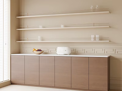 Sideboard With Brown Cabinet Doors Marble Countertop Bowl Of Fruits White Appliance And Wall Shelves 3d model