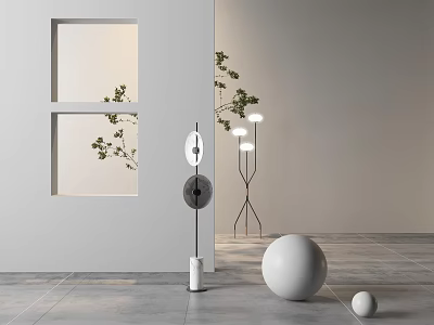 Modern Floor Lamp In Minimalist Interior With Geometric Decor And Green Plants 3d model