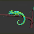Geometric Green Blue Chameleon On Red Branch With Extended Tongue Green Leaves Dark Background