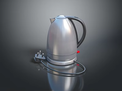 Silver Metallic Electric Kettle With Black Handle Power Cord On Reflective Surface 3d model