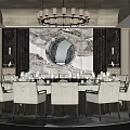 Elegant Private Dining Room With Round Table White Chairs Chandelier And Marble Backdrop