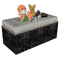 Stylish Black And White Sofa Bench With Upholstered Cushion Stuffed Toys And Life Letter Decor