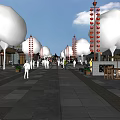 Traditional Chinese Architecture Commercial Street With Walking Pedestrians Storefronts Green Trees And Plaza Fountain