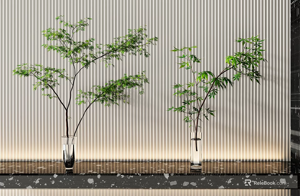 Transparent Glass Vases With Fresh Green Plants On Gold Metallic Shelf Against Vertical Striped Wall 3d model 