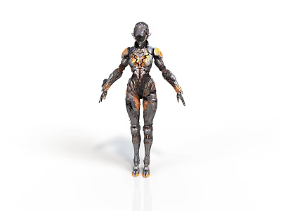 Sci-fi Style Mech Warrior First Descendant Female Warrior Mech Female Character Orange Chest Metal Armor Wear Textion Mechanical Boots Pointed Ear Helmet 3d model