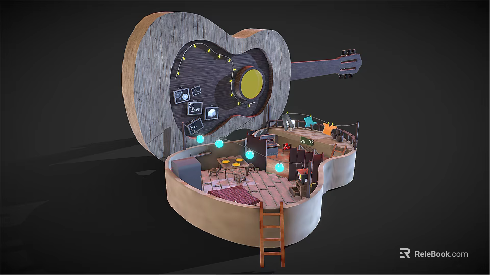 Cartoon Style Guitar Shaped Open Interior Scene with Ladder Table Chairs Decorative Pictures and Lights 3d model 