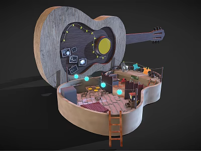 Cartoon Style Guitar Shaped Open Interior Scene with Ladder Table Chairs Decorative Pictures and Lights 3d model