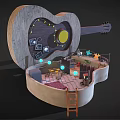 Cartoon Style Guitar Shaped Open Interior Scene with Ladder Table Chairs Decorative Pictures and Lights