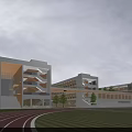 Modern School Building Exterior With Glass Facade Track Field Green Lawn And Children Playing