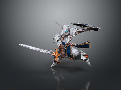 Silver Armored Warrior Character With Long Sword Shield And Battle Stance Design Details 3d model