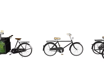 Three Vintage Bicycles Including Cargo Bike With Green Box And Classic Design 3d model