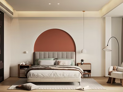 Modern Bedroom Interior With Red Arched Accent Wall Upholstered Headboard And Wooden Nightstands 3d model