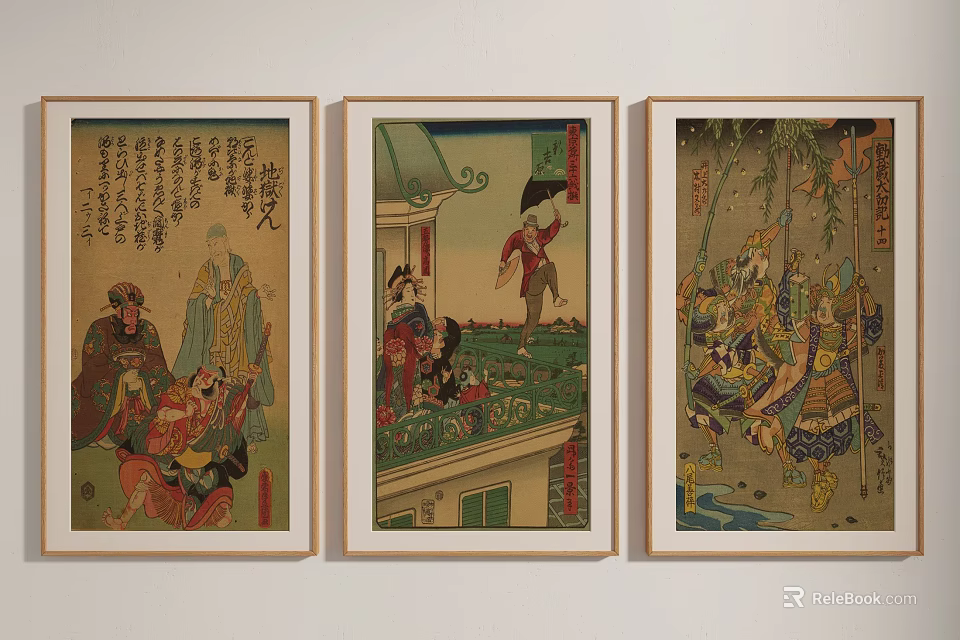 Three Traditional Japanese Ukiyo e Paintings Framed as Wall Art Decorations 3d model 
