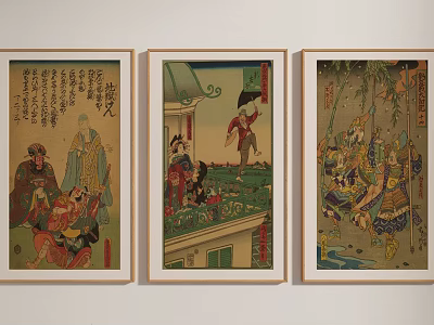 Three Traditional Japanese Ukiyo e Paintings Framed as Wall Art Decorations 3d model