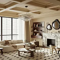 French Middle Style Living Room Clouds Sofa Coffee Table Single Sofa Single Chair Display Cabinet Fireplace Floor Lamp 3d model