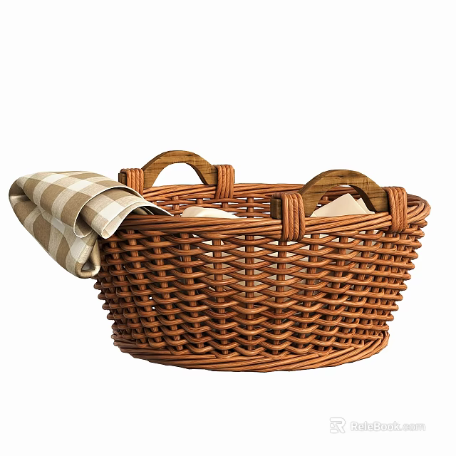 Brown Woven Storage Basket with Wooden Handles and Plaid Cloth for Home Organization 3d model 