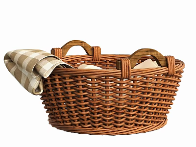 Brown Woven Storage Basket with Wooden Handles and Plaid Cloth for Home Organization 3d model