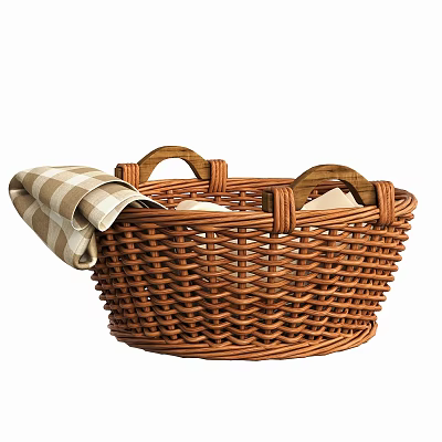 Brown Woven Storage Basket with Wooden Handles and Plaid Cloth for Home Organization 3d model