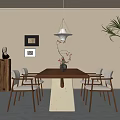Modern Minimalist Dining Interior With Wooden Dining Table Chairs Pendant Light And Wall Art