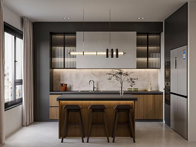 Modern Kitchen Interior With Island Bar Stools Pendant Lights Black Countertop And Cabinets 3d model