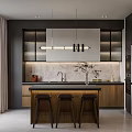 Modern Kitchen Interior With Island Bar Stools Pendant Lights Black Countertop And Cabinets