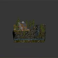 Scenic Cliffside Hotel Building With Waterfall Pine Trees Wooden Dock And Small Boat