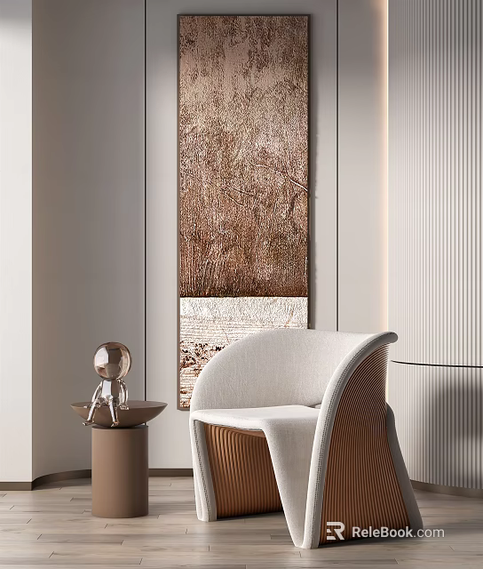 Elegant Modern Single Sofa With White Upholstery Wooden Frame Side Table And Decorative Ornament 3d model 