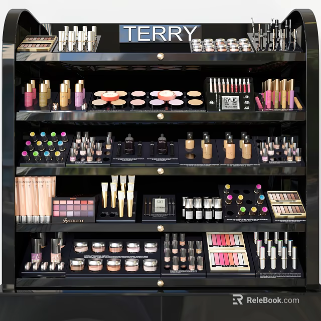 Modern Retail Cosmetic Display Shelves Featuring Lipsticks Eyeshadow Palettes Blushes And Foundations 3d model 