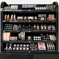 Modern Retail Cosmetic Display Shelves Featuring Lipsticks Eyeshadow Palettes Blushes And Foundations