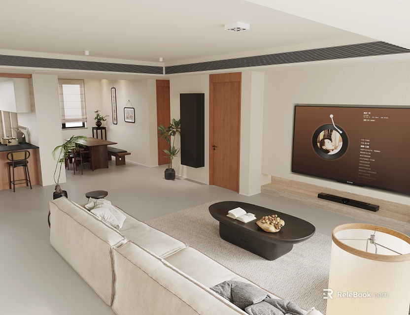Modern Open Concept Living Room Dining Area With Sofa Coffee Table TV And Wooden Accents 3d model 
