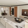 Modern Open Concept Living Room Dining Area With Sofa Coffee Table TV And Wooden Accents