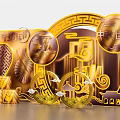 Traditional Mid-Autumn Festival Golden Decorations With Moon Fan And Fortune Characters