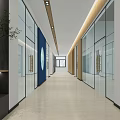Modern Elevator Hallway With Wooden Walls Glass Partitions Landscape Paintings And Chinese Characters
