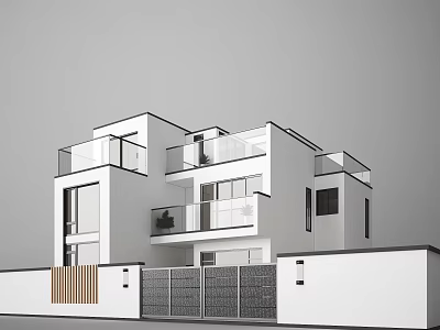 Stylish Modern Detached Villa With White Exterior Glass Railings And Balconies 3d model