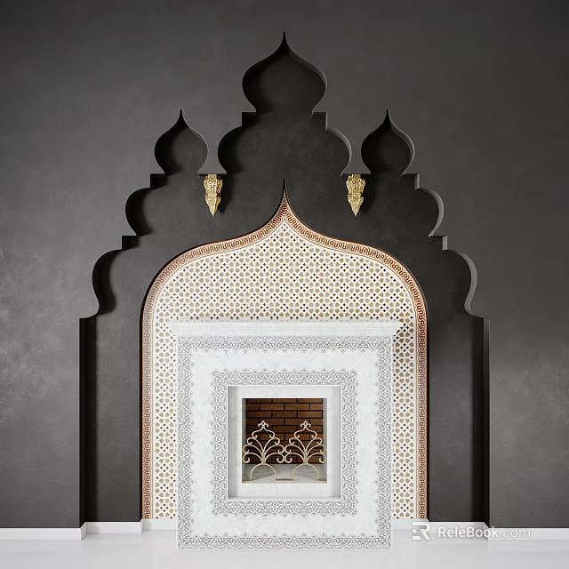 Moroccan Style Fireplace With Intricate Geometric Patterns Gold Accents And Arched Design 3d model 