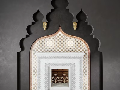 Moroccan Style Fireplace With Intricate Geometric Patterns Gold Accents And Arched Design 3d model