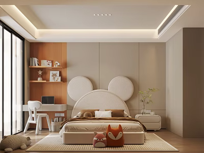 Cozy Modern Kids Bedroom Interior With Mickey Mouse Ears Headboard Study Desk And Plush Toys 3d model