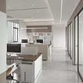 Modern Office Interior With Open Desk Computer Bookshelf Green Plant And Glass Partition