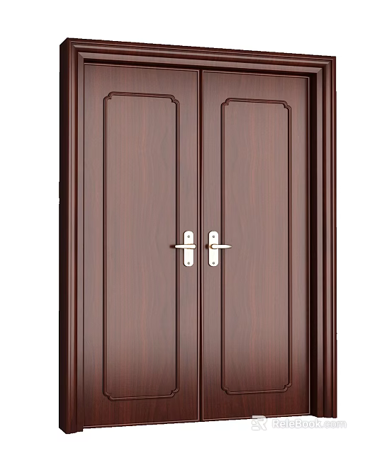 Dark Brown Wooden Double Doors With Paneled Design And Metal Handles 3d model 