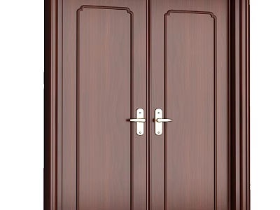 Dark Brown Wooden Double Doors With Paneled Design And Metal Handles 3d model
