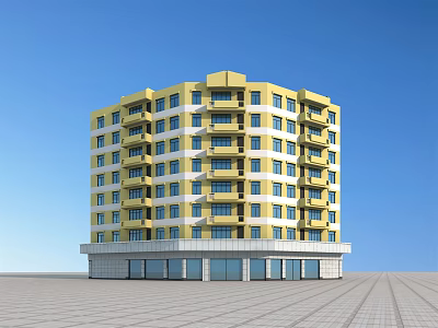 Commercial Street Building With Yellow Facade Multiple Floors Balconies And Glass Storefronts 3d model