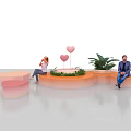 Leisure Space With Colorful Seats Green Plants People Sitting And Decorative Windmill Rabbit Heart Shapes