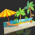 Vibrant Summer Beach Setup With Palm Trees Umbrella Chair Surfboard And Starfish