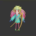 3D Fantasy Character Design With Pink Wings Cyan Robe Skull Mask And Golden Staff
