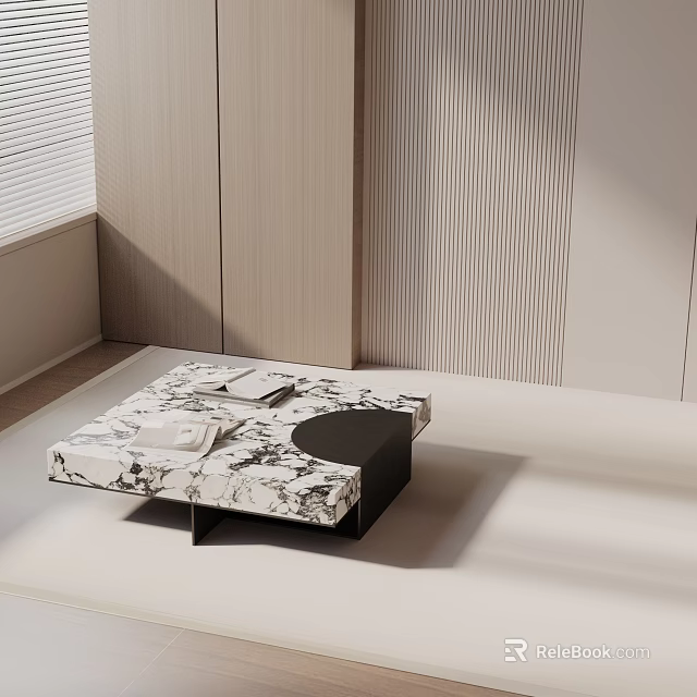 Modern Sofa Coffee Table Set With Square Marble Top Black Legs Light Vertical Striped Walls 3d model 