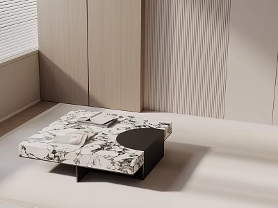 Modern Sofa Coffee Table Set With Square Marble Top Black Legs Light Vertical Striped Walls 3d model