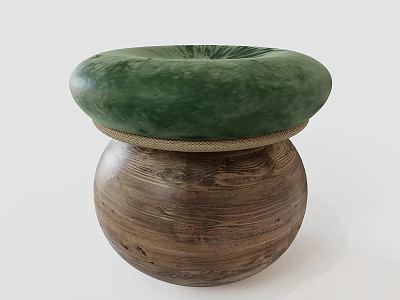 Elegant Round Stool With Wooden Base Green Padded Seat And Woven Edge Detail 3d model