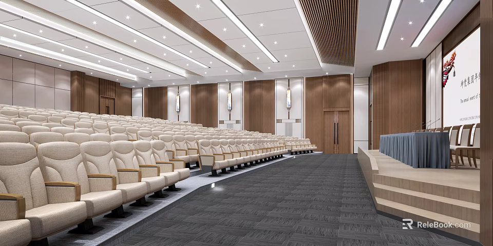 Modern Large Conference Room With Tiered Seating Wooden Walls Podium And Carpeted Floor 3d model 